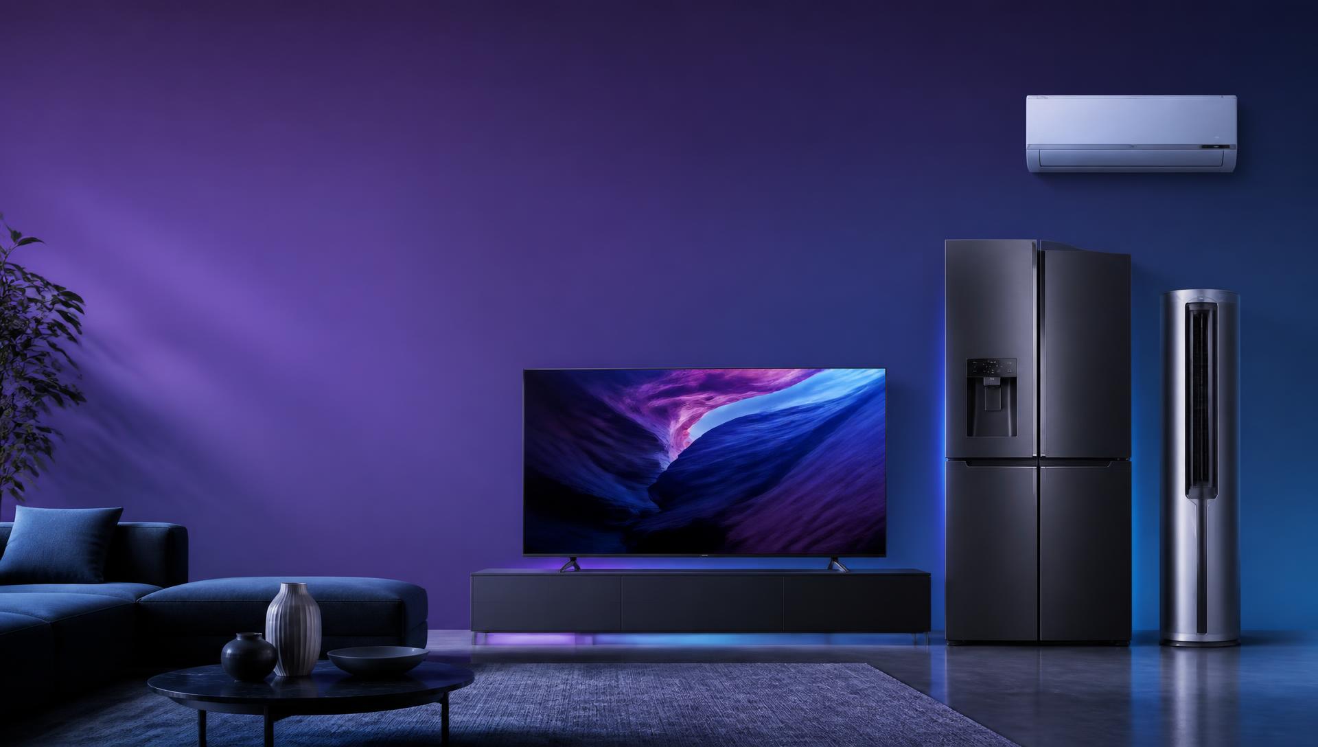 Living room with a large smart TV, refrigerator and air conditioner